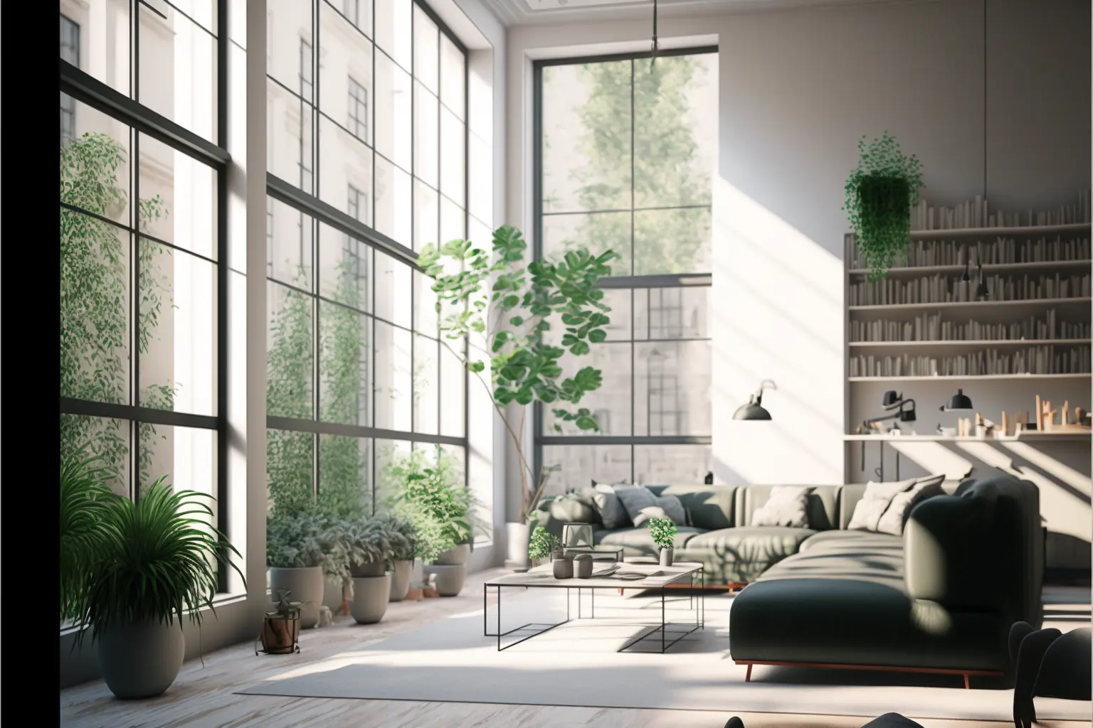 Interior Design, a perspective of of a study, modernist, large windows with natural light, Light colors, plants, modern furniture, modern interior design 